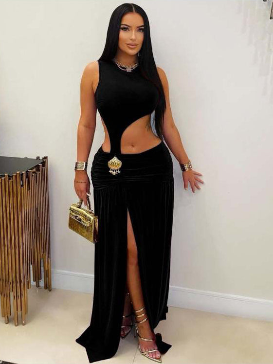 Ruched Hollow-out Split Hem Maxi Dress