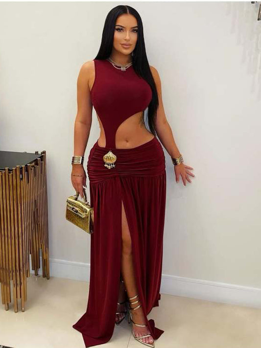 Ruched Hollow-out Split Hem Maxi Dress