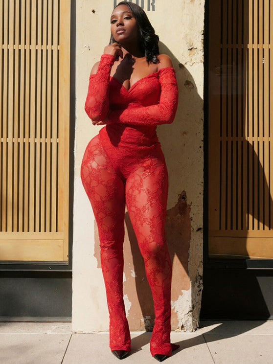 Sheer Lace Off Shoulder Flared Pant Sets