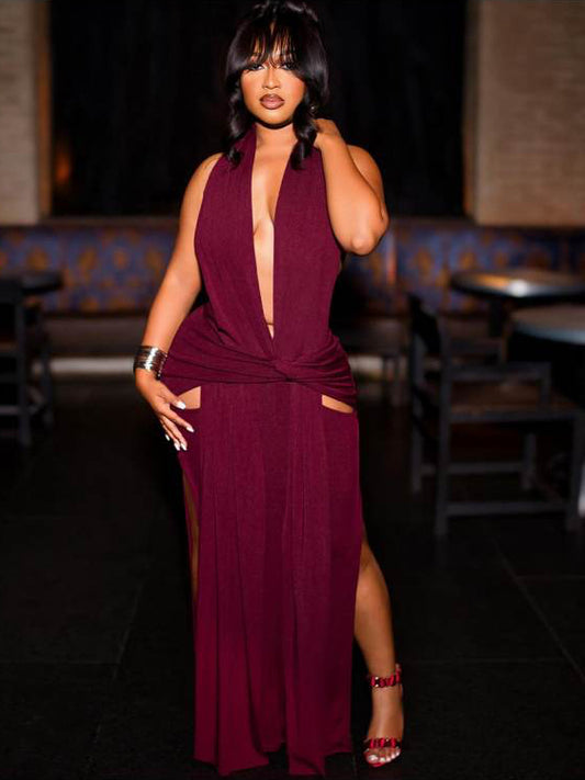 Twist Halter Backless Split Hem Maxi Dress