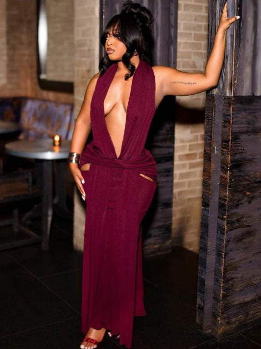 Twist Halter Backless Split Hem Maxi Dress