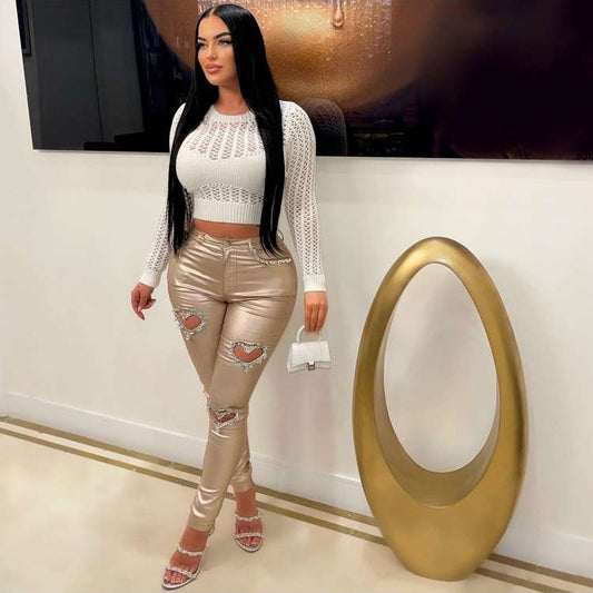 Metallize Cutouts Heart Rhinestones Fitted Pants