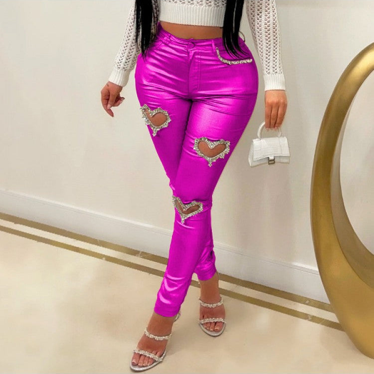 Metallize Cutouts Heart Rhinestones Fitted Pants