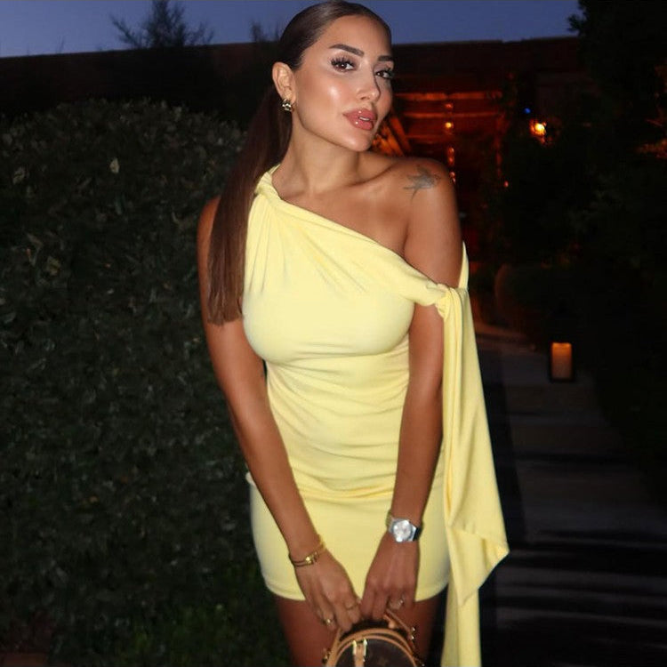 Inclined Shoulder Lace-Up Mini Dress