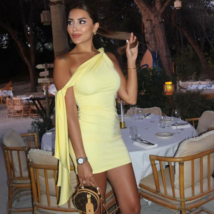 Inclined Shoulder Lace-Up Mini Dress