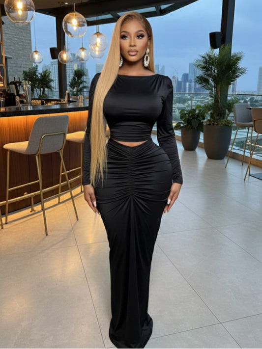 Plain Bare Waist Bodycon Ruched Skirt Sets