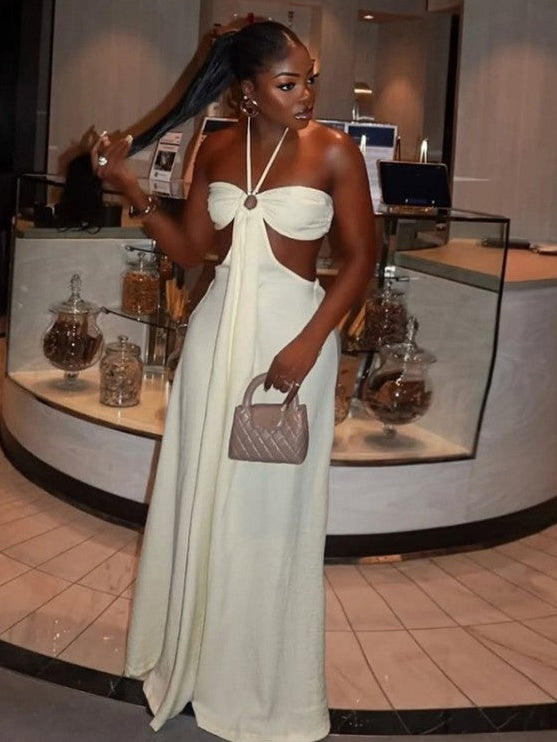 Halter Cutouts Backless Lace-Up Maxi Dress