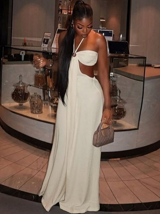 Halter Cutouts Backless Lace-Up Maxi Dress